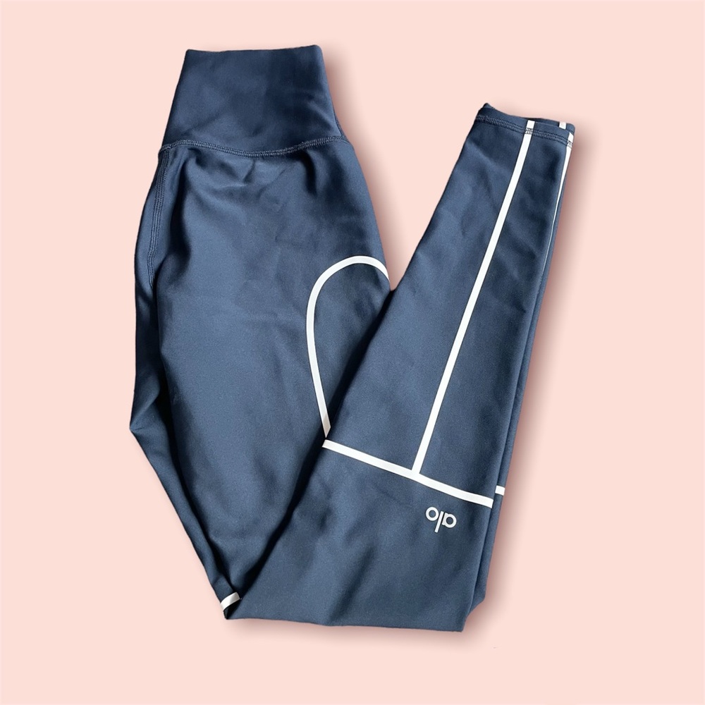 ALO Yoga Navy Leggings with White Stripe Detail